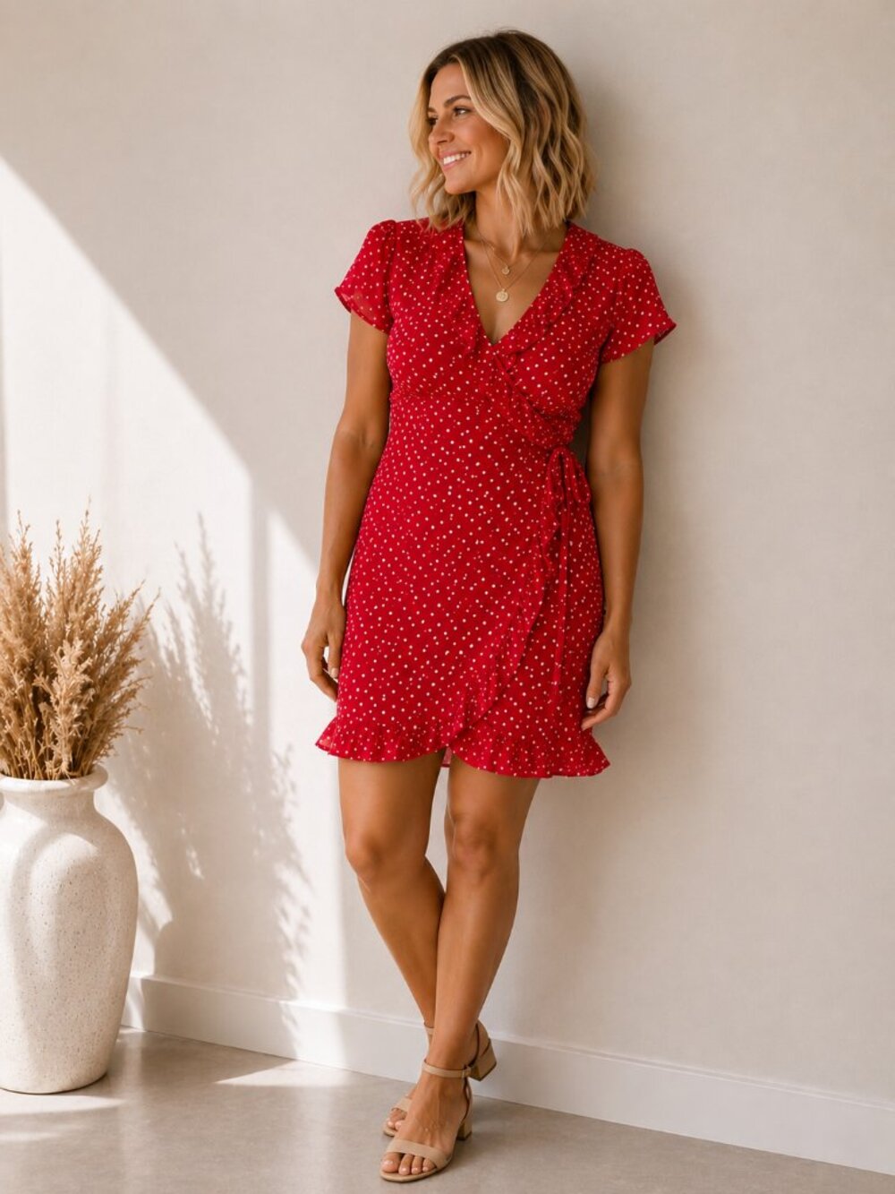 Bardot Red Polka Dot Mini Dress - Faux Wrap
